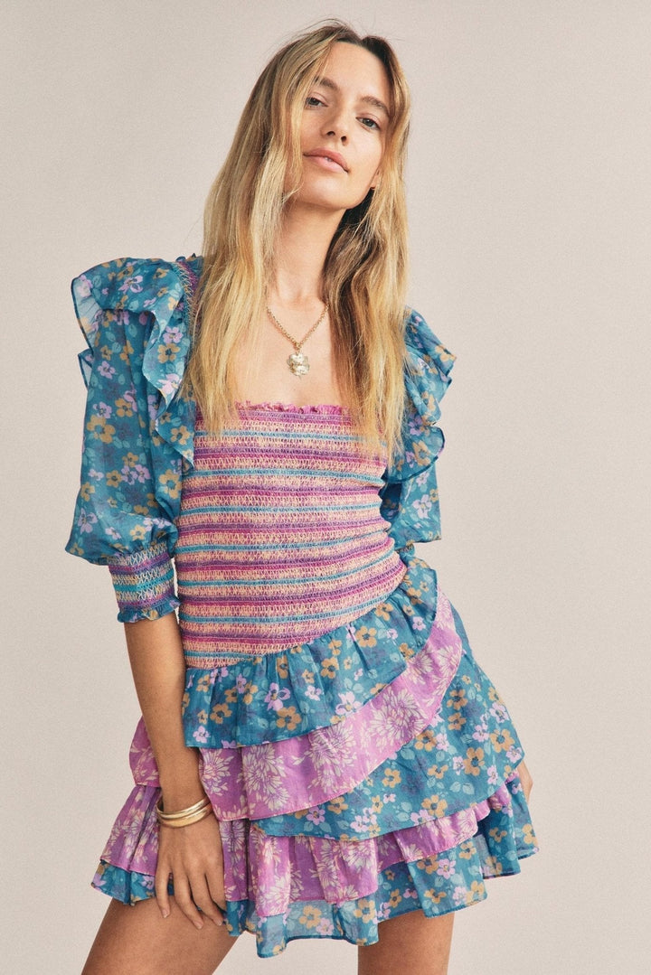 Carlin Baskılı Büzgülü Korsajlı Fırfırlı Mini Elbise