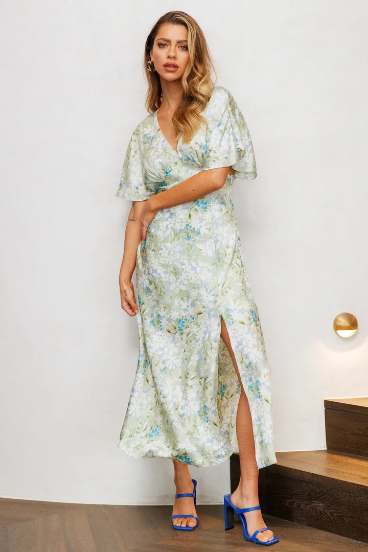 Carlin Baskılı V Yaka Yırtmaçlı Midi Anvelop Elbise