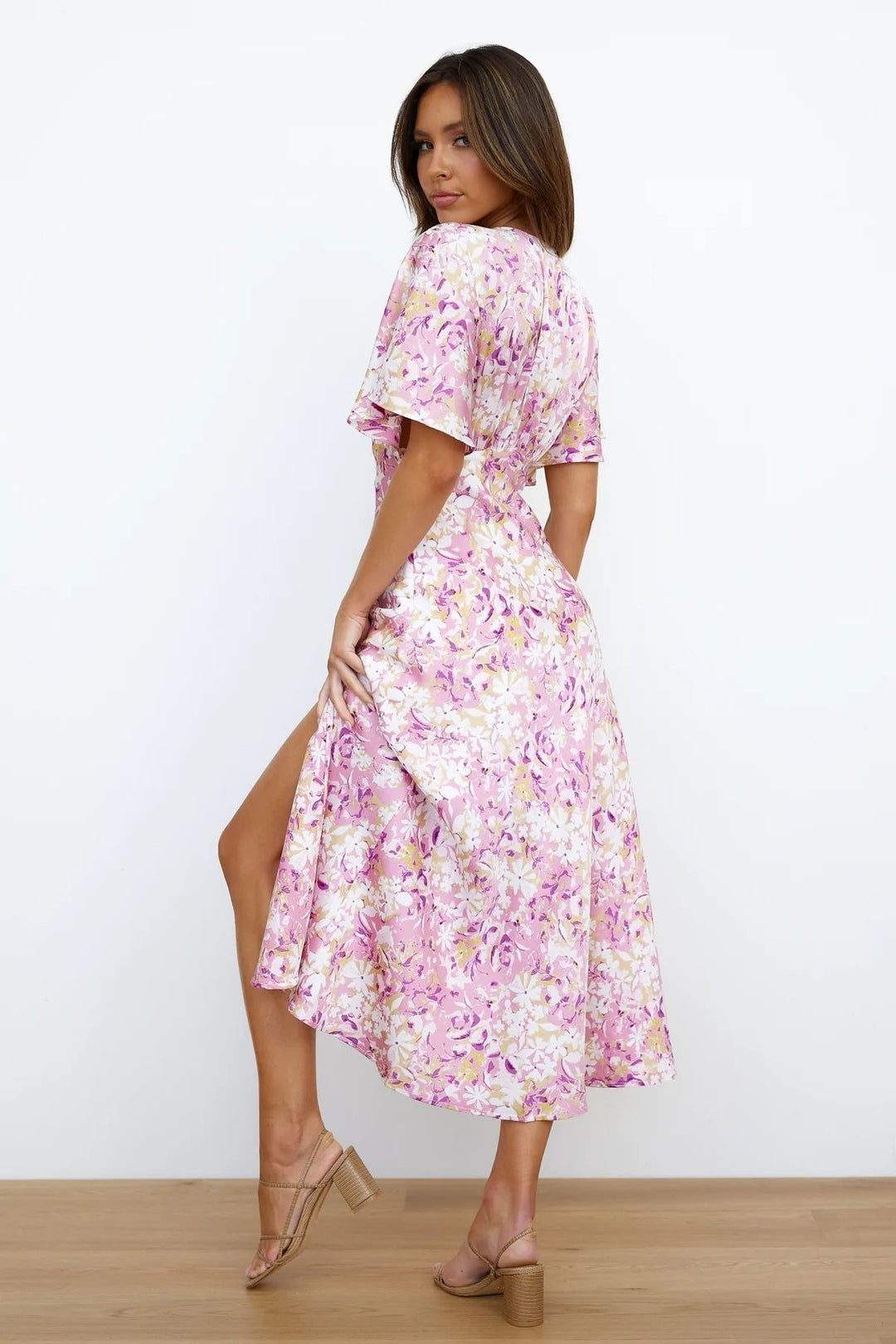 Carlin Baskılı V Yaka Yırtmaçlı Midi Anvelop Elbise