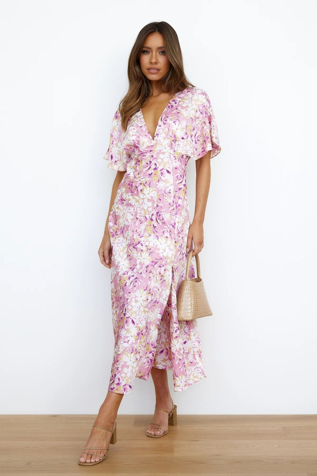 Carlin Baskılı V Yaka Yırtmaçlı Midi Anvelop Elbise