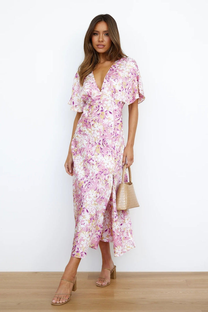 Carlin Baskılı V Yaka Yırtmaçlı Midi Anvelop Elbise