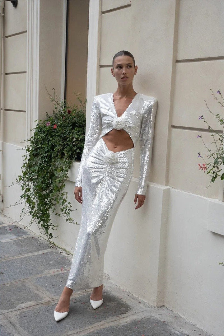 Cathy Çiçek Payetler Midi Elbise