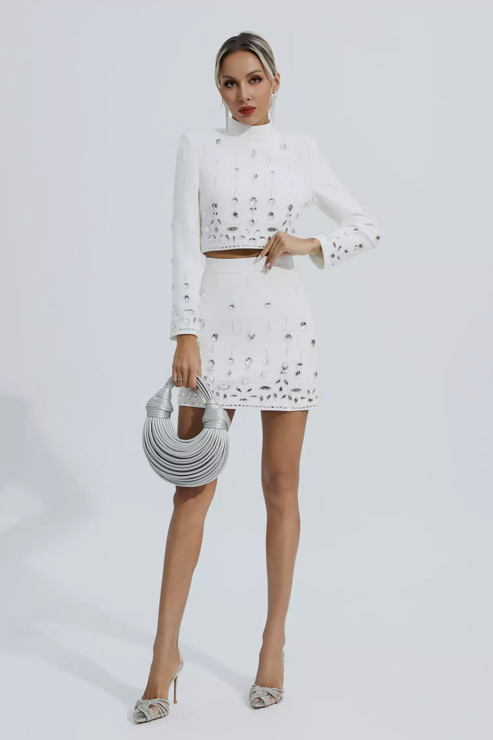 Cecelia Beyaz Kristal Süslemeli Set