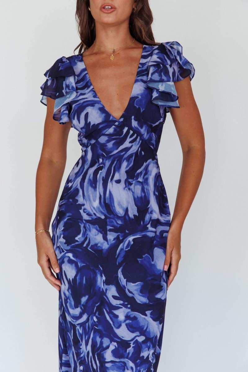 Cecil Baskılı V Yaka Fırfırlı Maxi Elbise