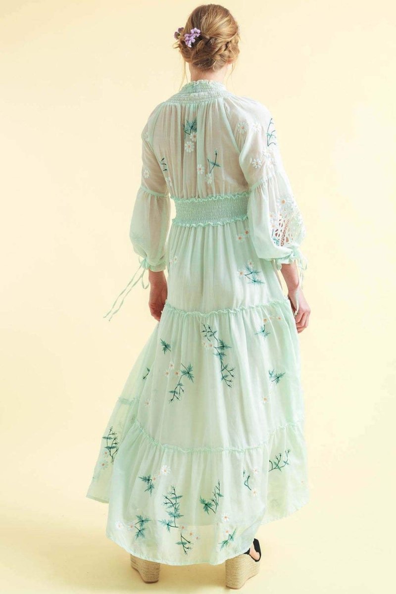 Cecilia İşlemeli V Yaka Büzgülü Maxi Elbise