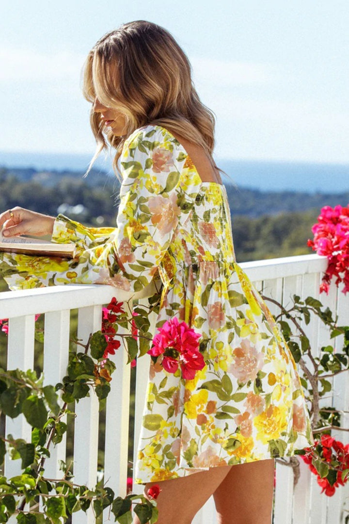 Cecilia Baskılı Kare Yaka Büzgülü Mini Doll Elbise