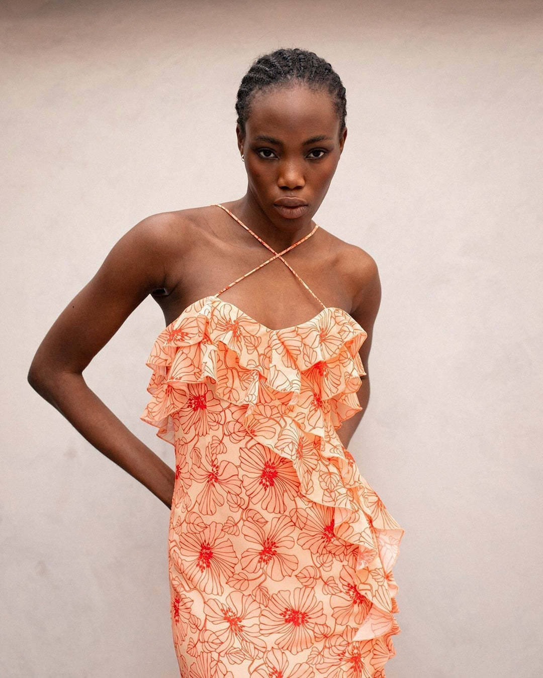 Cecily Fırfırlı Çapraz Yaka Şifon Slip Maxi Elbise