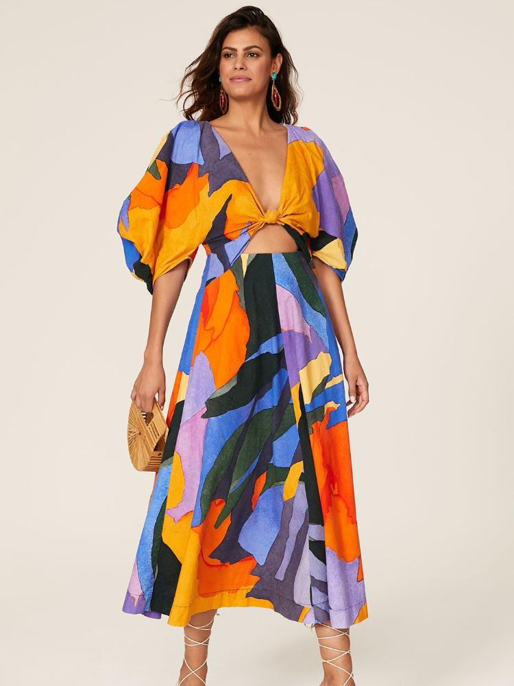 Chaya Baskılı V Yaka Cut-Out Flare Maxi Elbise