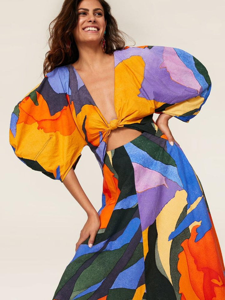 Chaya Baskılı V Yaka Cut-Out Flare Maxi Elbise