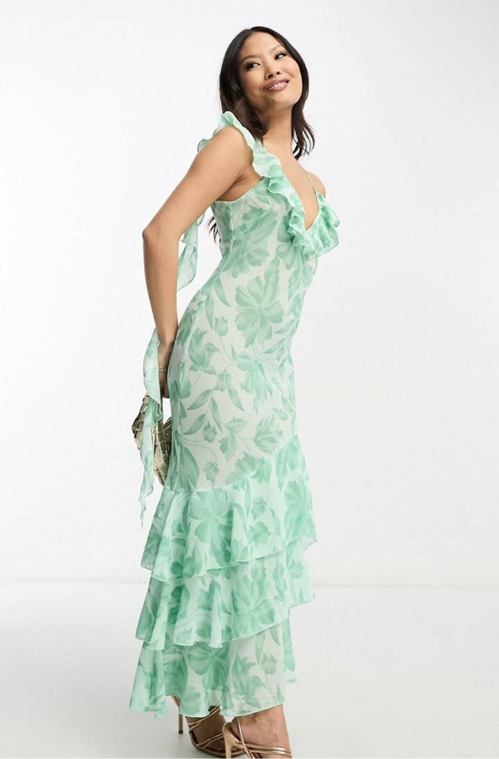 Kiraz Baskılı Fırfırlı Flare Midi Elbise