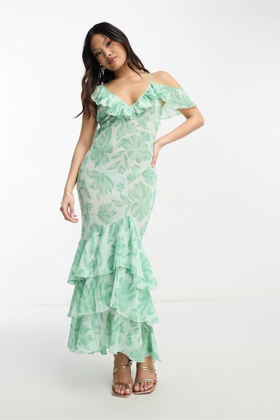 Kiraz Baskılı Fırfırlı Flare Midi Elbise