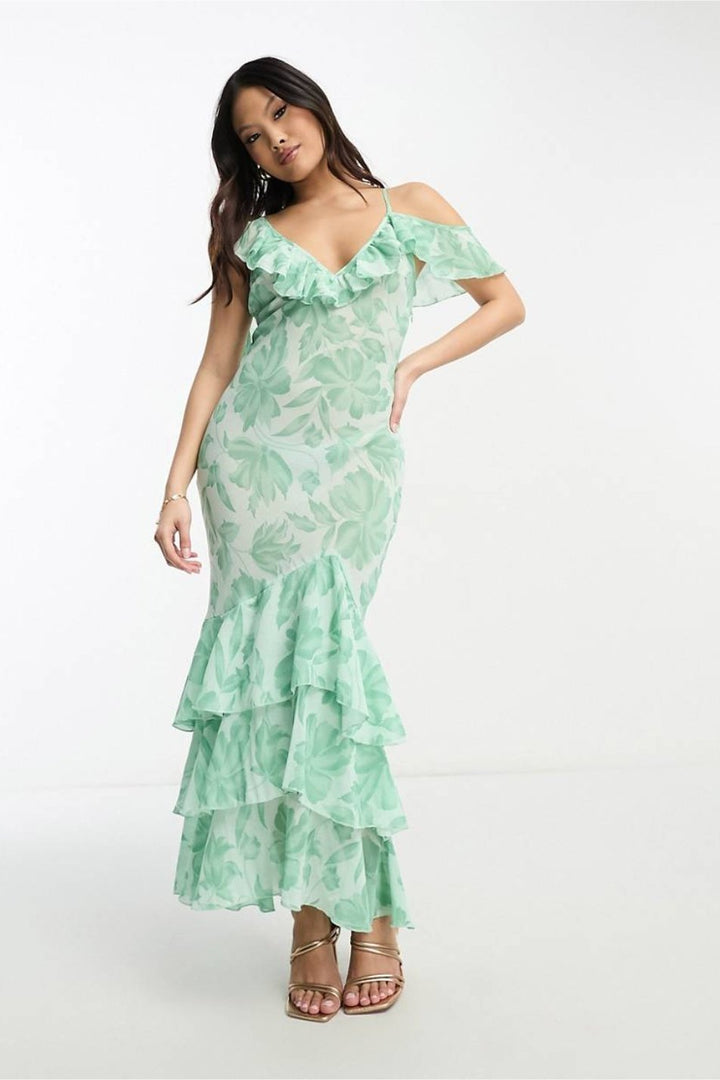 Kiraz Baskılı Fırfırlı Flare Midi Elbise