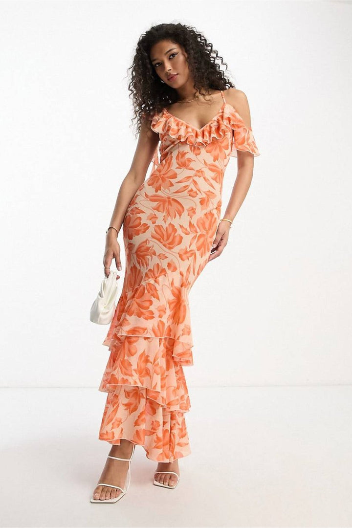 Kiraz Baskılı Fırfırlı Flare Midi Elbise