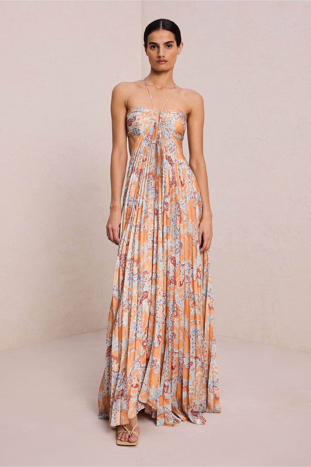 Clara Baskılı Boyundan Bağlı Pileli Uzun Elbise