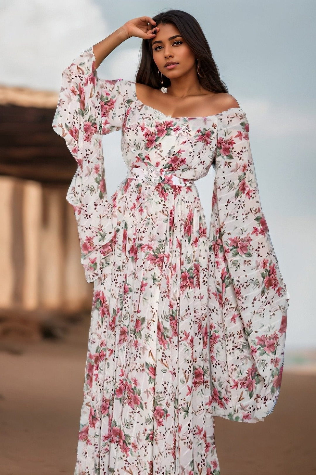 Clara Baskılı Omuzu Açık Kemerli Uzun Elbise