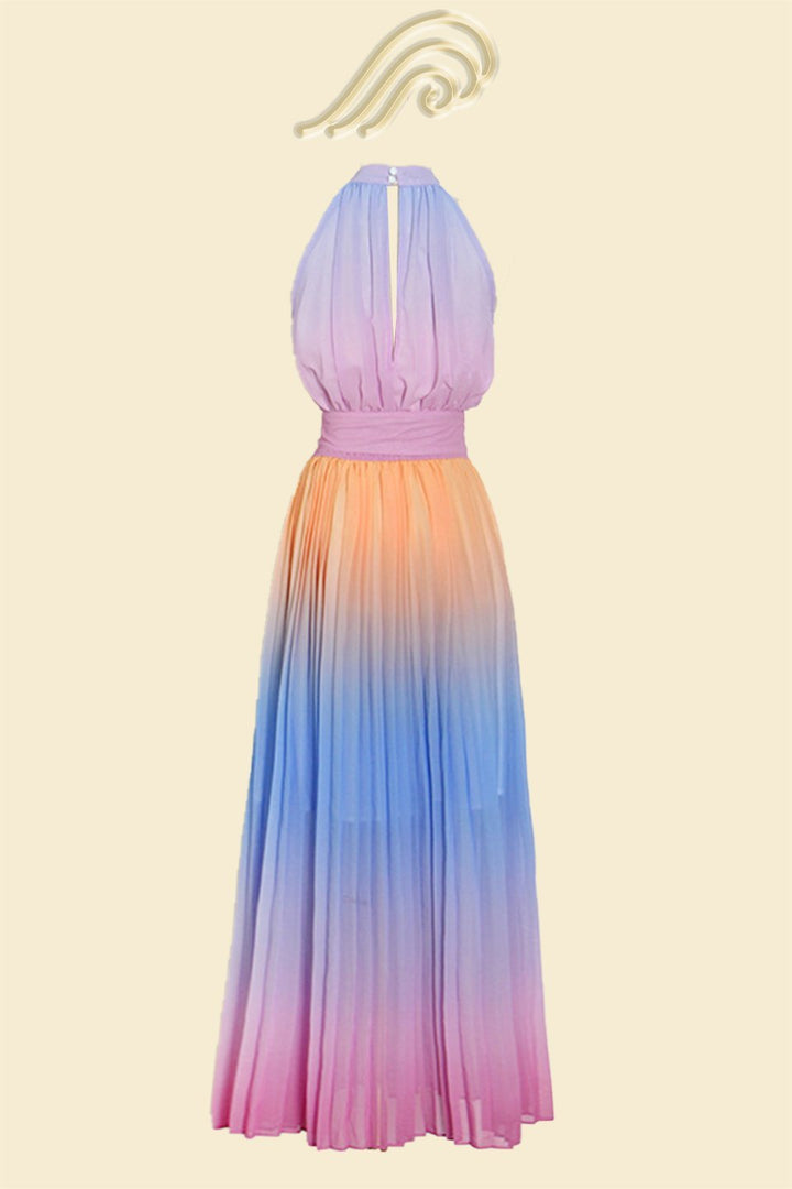 Clare Baskılı Plise Boyundan Bağlı Uzun Elbise