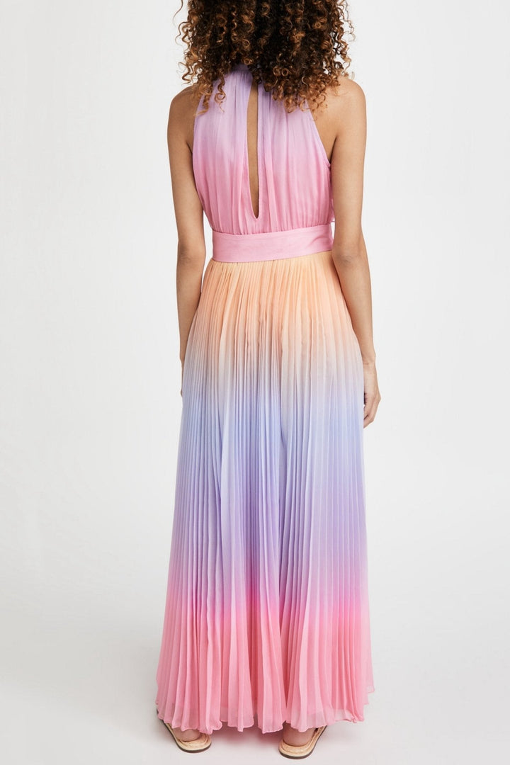 Clare Baskılı Plise Boyundan Bağlı Uzun Elbise