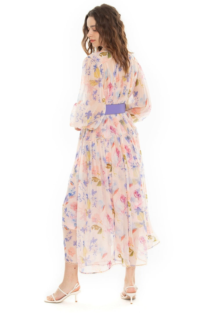 Cora Baskılı Kuşaklı Şifon Midi Elbise