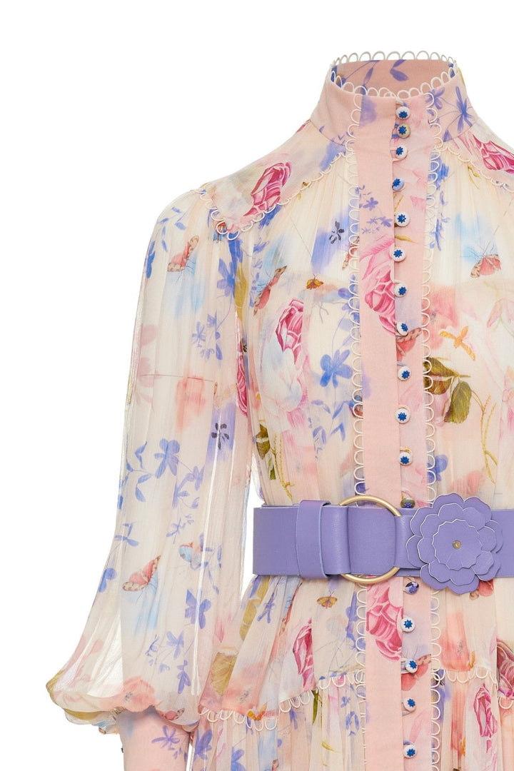 Cora Baskılı Kuşaklı Şifon Midi Elbise