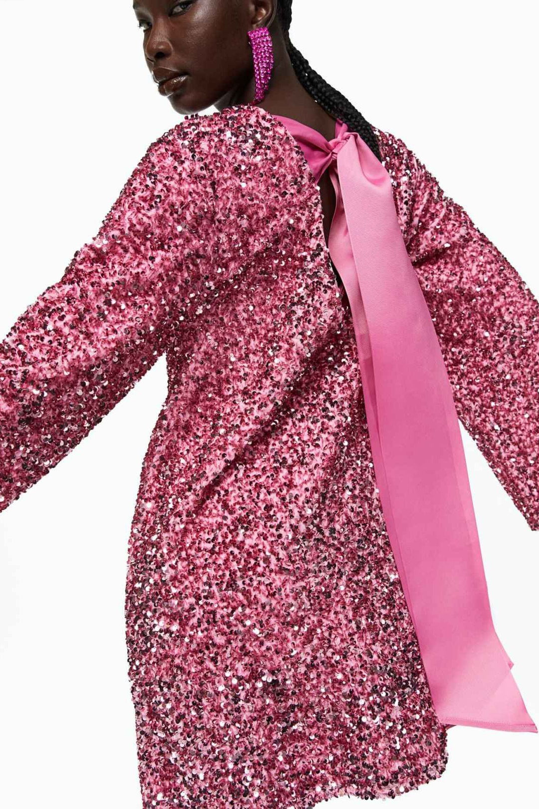 Mercan Payetli Arkadan Bağlamalı Mini Elbise