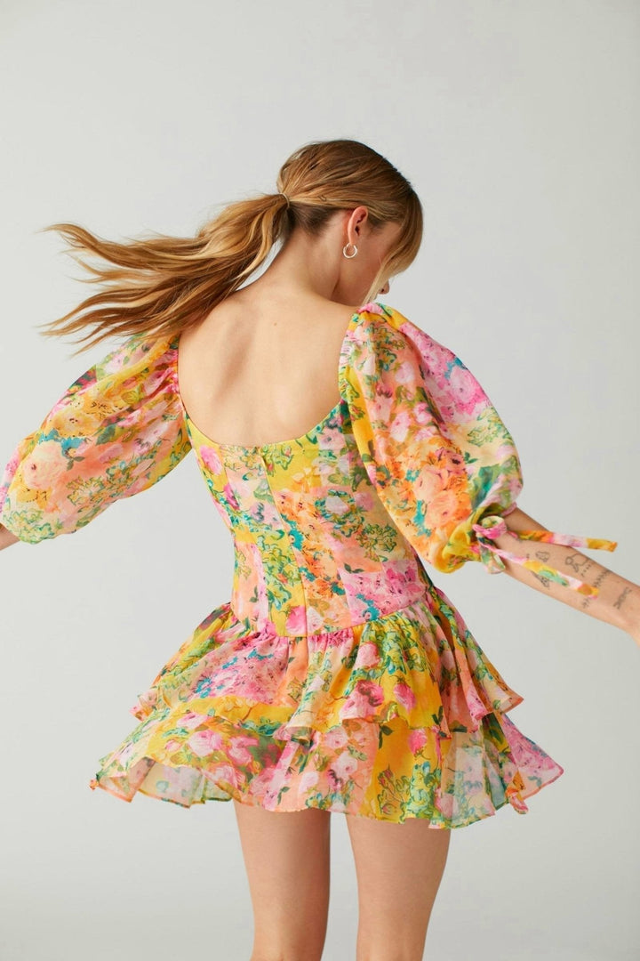 Cornelia Baskılı Ekleme Katlı Mini Elbise