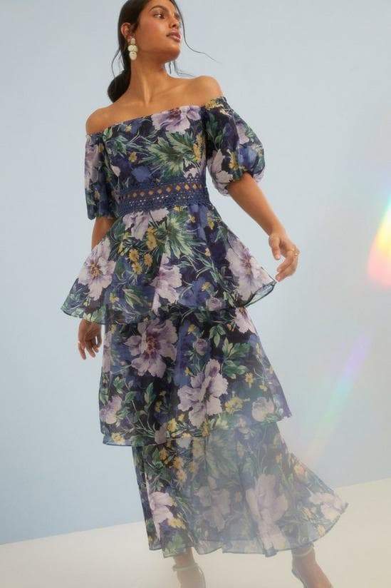 Cynthia Çiçekli Dantelli Katlı Midi Elbise