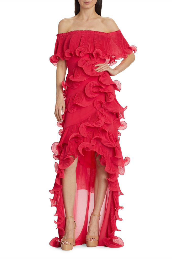 Caroline Omuzu Açık Fırfırlı Maxi Elbise