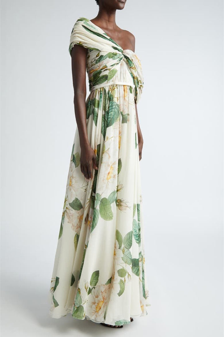 Yvette Çiçek Baskılı Düşük Omuzlu Uzun Elbise