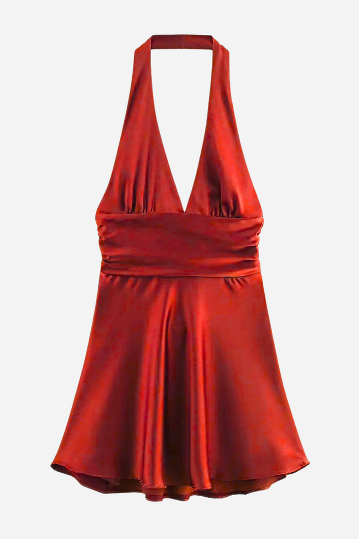 Evelyn Boyundan Bağlamalı Büyük Papyon Saten Mini Elbise