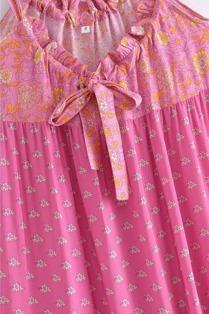 Damla Baskılı Büzgülü Boyundan Bağlamalı Slip Maxi Elbise