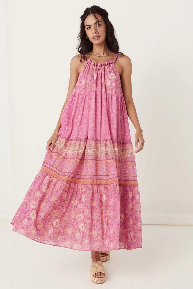 Damla Baskılı Büzgülü Boyundan Bağlamalı Slip Maxi Elbise