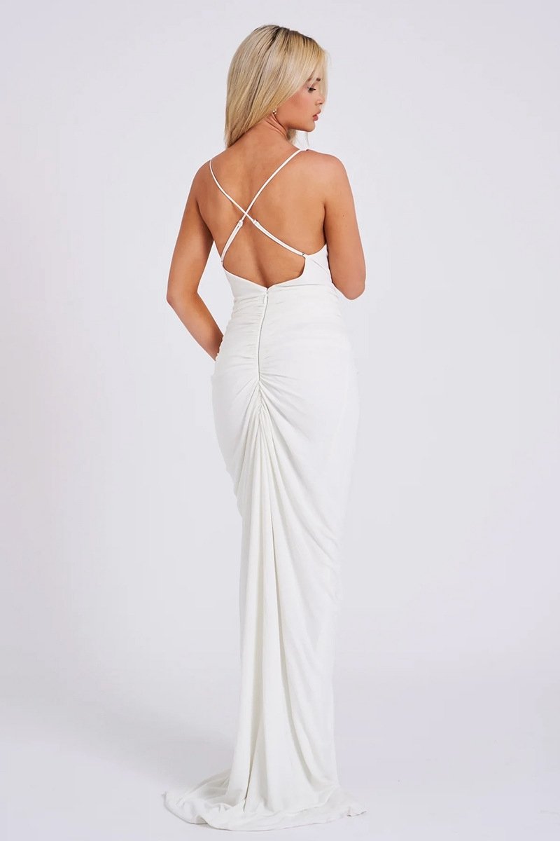 Şafak Çiçeği Büzgülü Yırtmaçlı Maxi Elbise