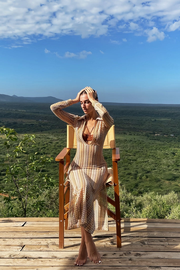 Şafak V Yaka Yakalı Tığ İşi Maxi Elbise