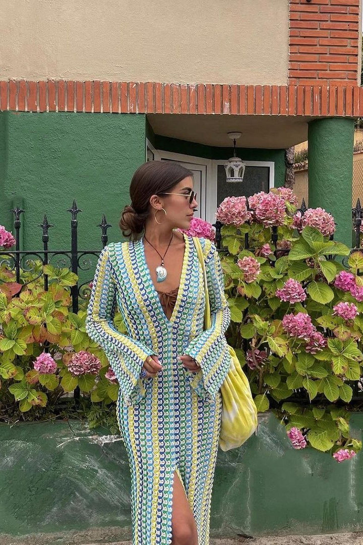 Şafak V Yaka Yırtmaçlı Tığ İşi Maxi Elbise