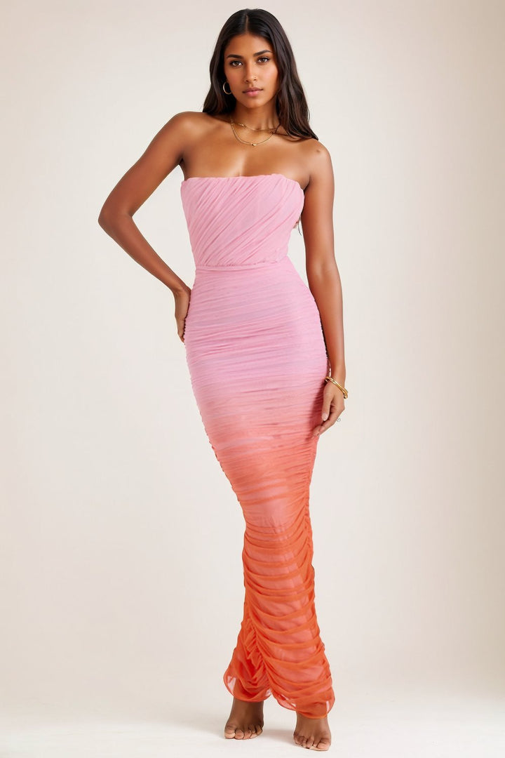 Debby Baskılı Büzgülü File Korse Uzun Elbise