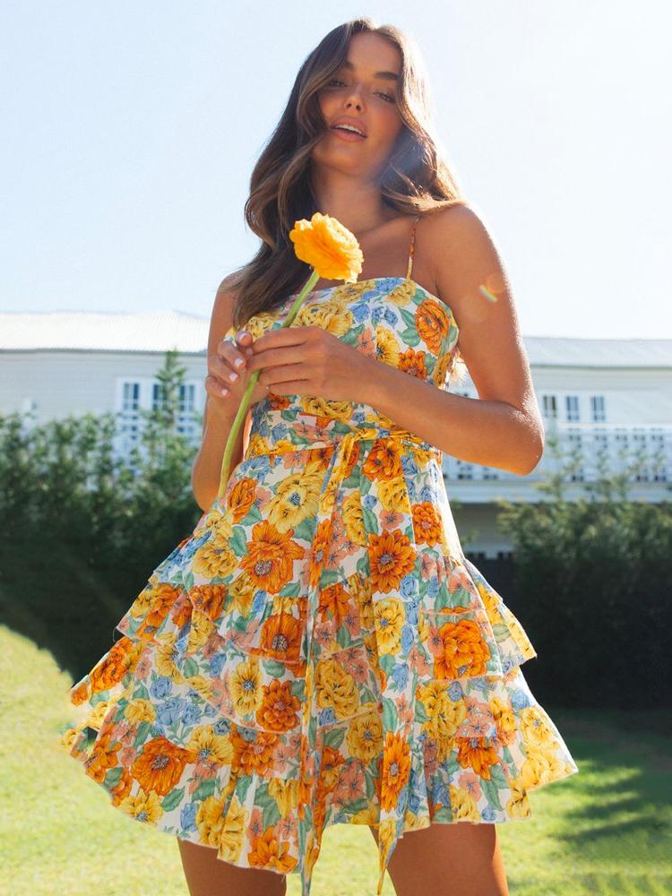 Debby Baskılı Katlı Mini Kuşaklı Slip Elbise