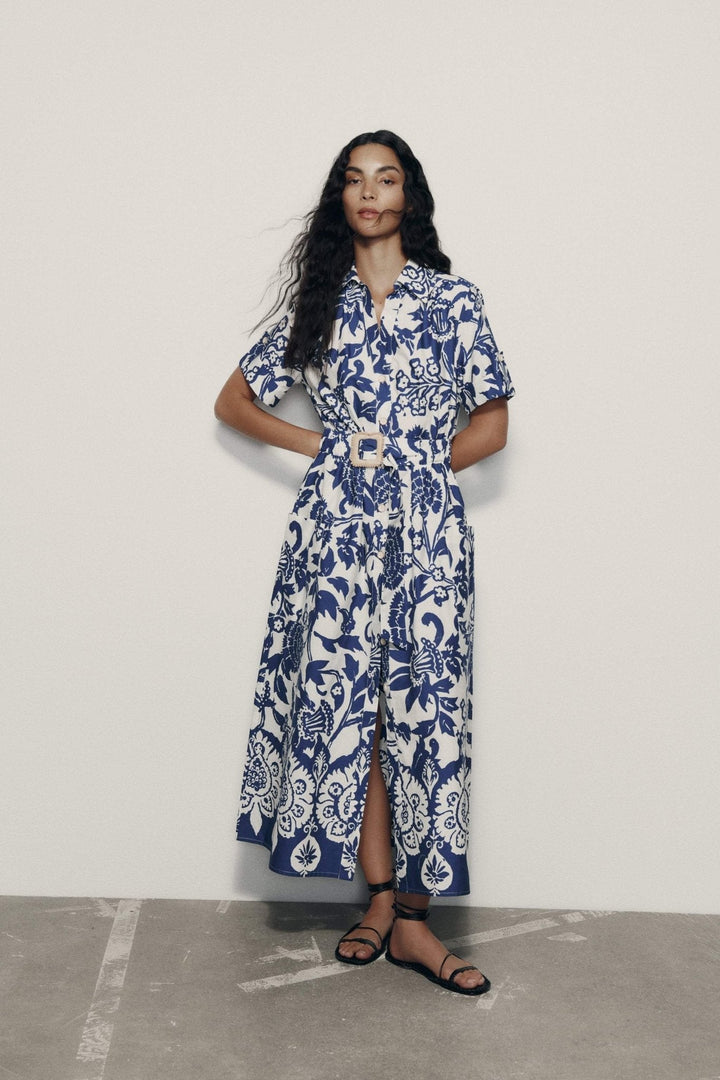 Deirdre Baskılı Kuşaklı Midi Gömlek Elbise