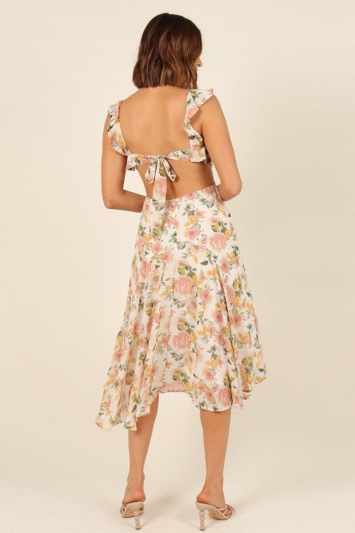 Deirdre Baskılı Düğümlü Fırfırlı Flare Midi Elbise