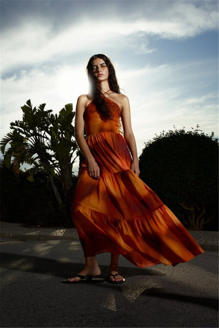 Diana Baskılı Büzgülü Boyundan Bağlı Midi Elbise