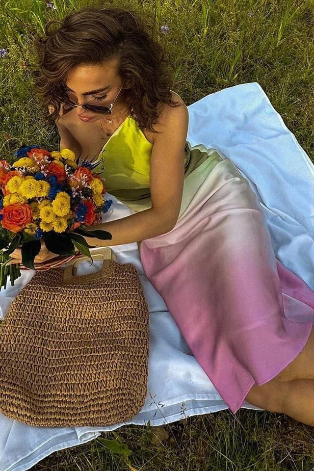 Diane Tek Omuzlu Batik Uzun Elbise