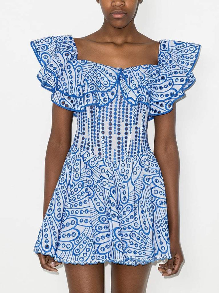 Dolly İşlemeli Dantel Fırfırlı Korse Flare Mini Elbise