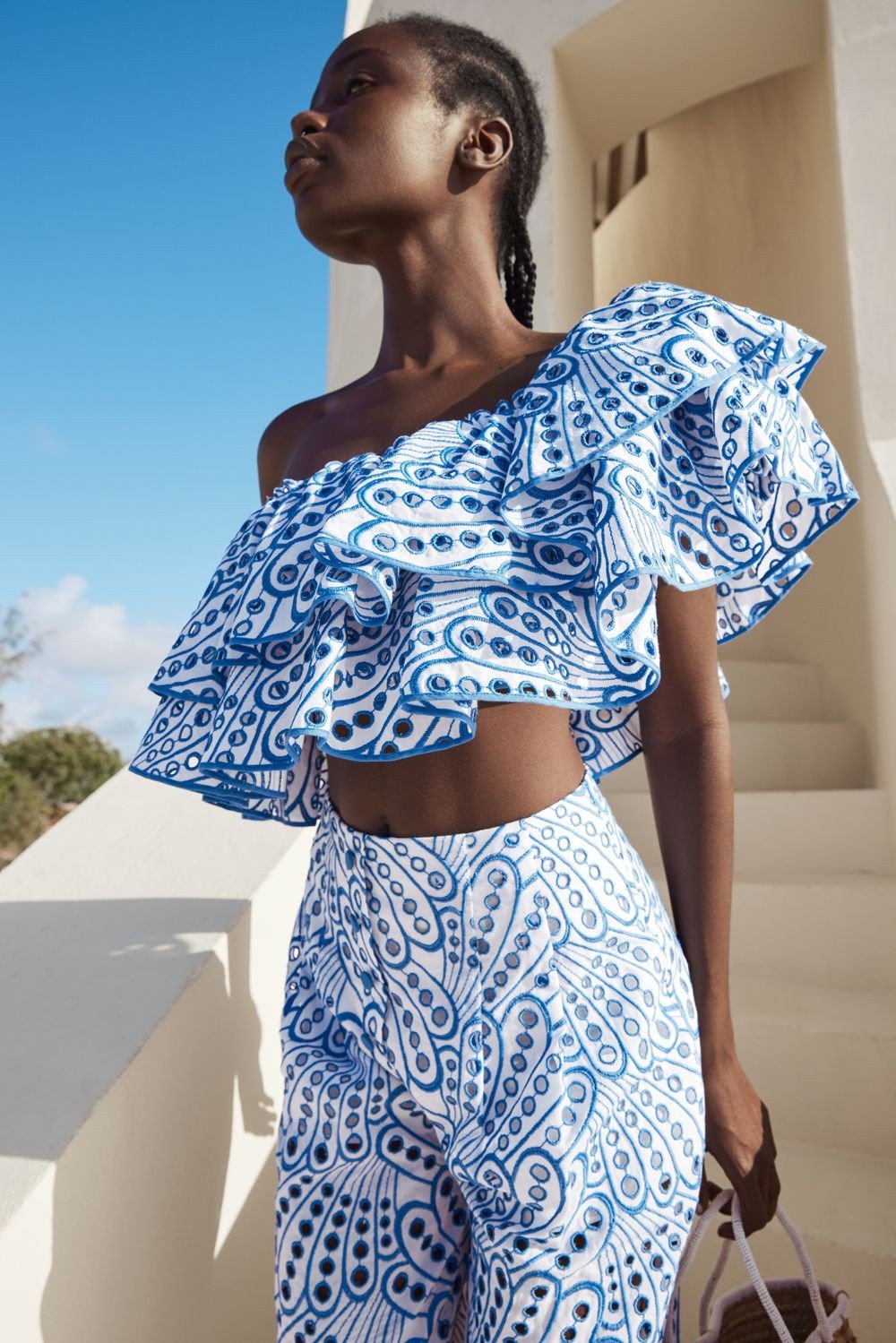 Dolly Nakışlı Dantel Katlı Fırfırlı Maxi Elbise Takım