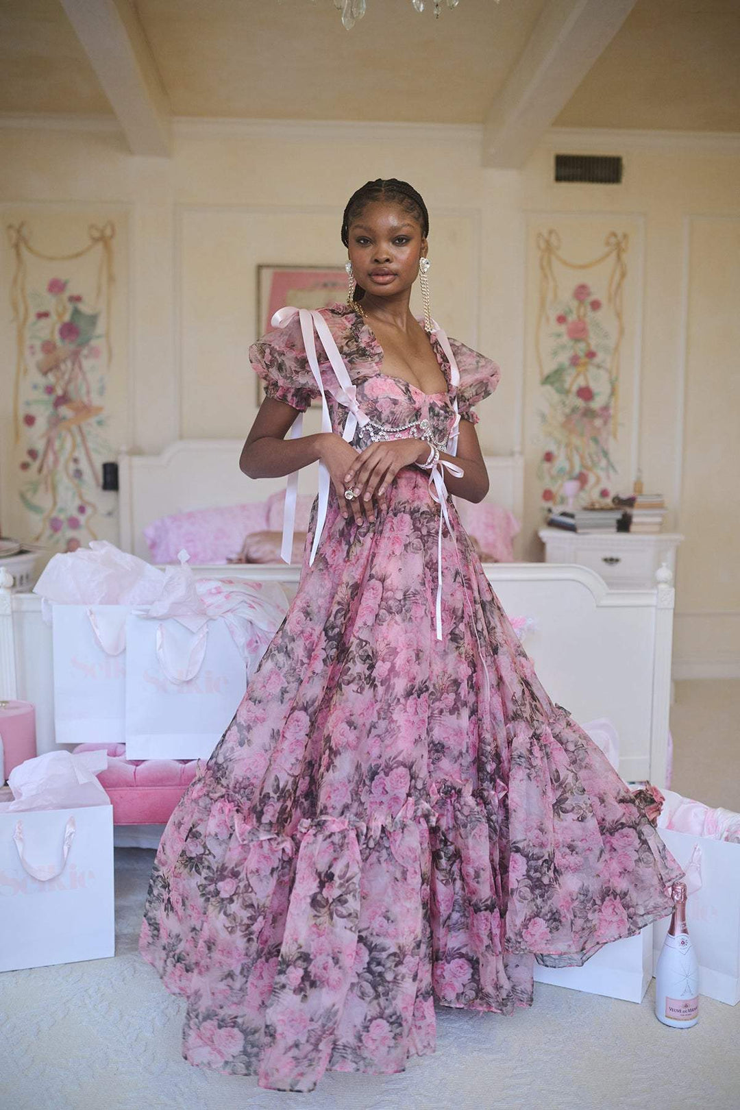 Dolly Baskılı Kalp Fırfırlı Maxi Elbise