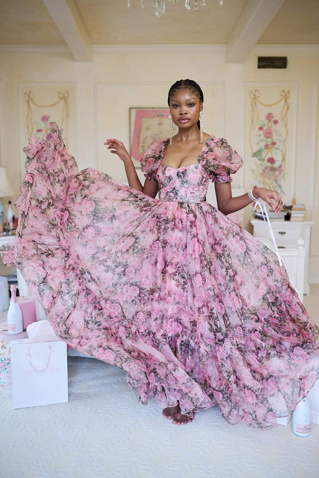 Dolly Baskılı Kalp Fırfırlı Maxi Elbise