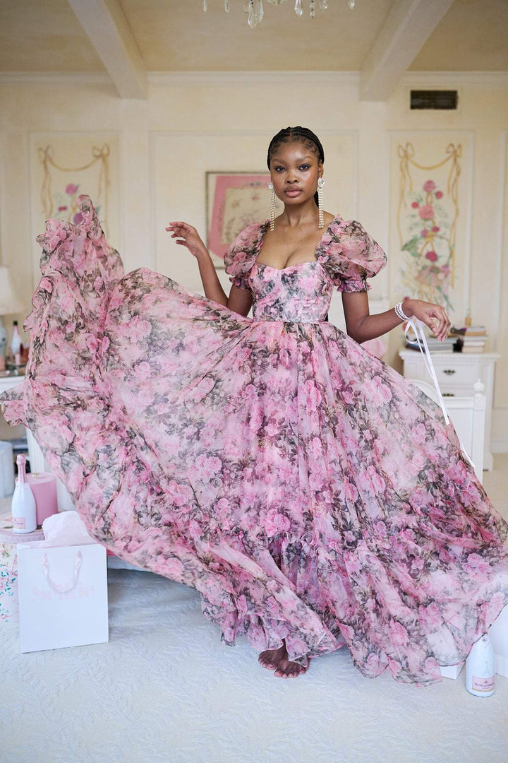 Dolly Baskılı Kalp Fırfırlı Maxi Elbise