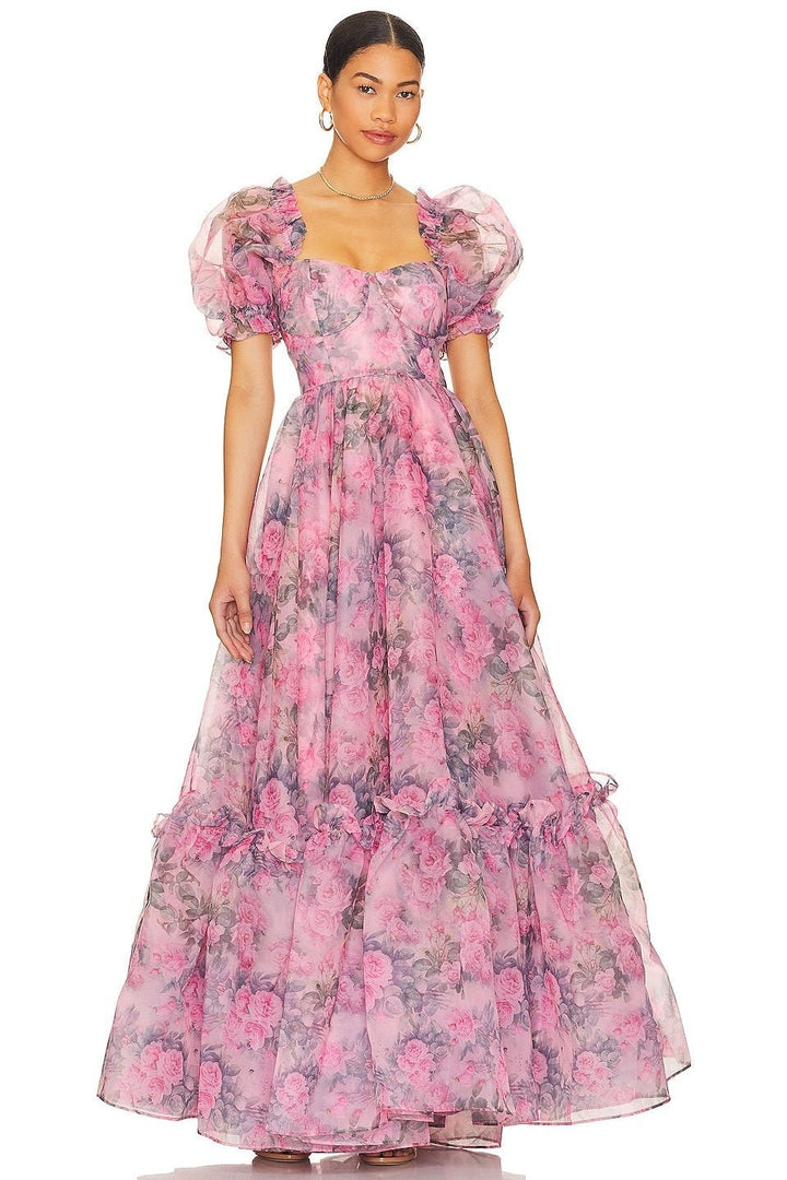 Dolly Baskılı Kalp Fırfırlı Maxi Elbise