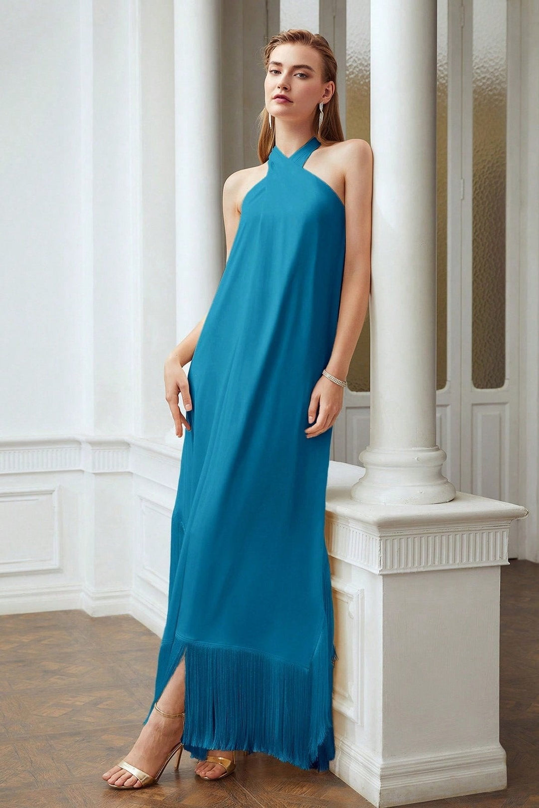 Dolores Çapraz Boyundan Bağlamalı Püsküllü Maxi Elbise