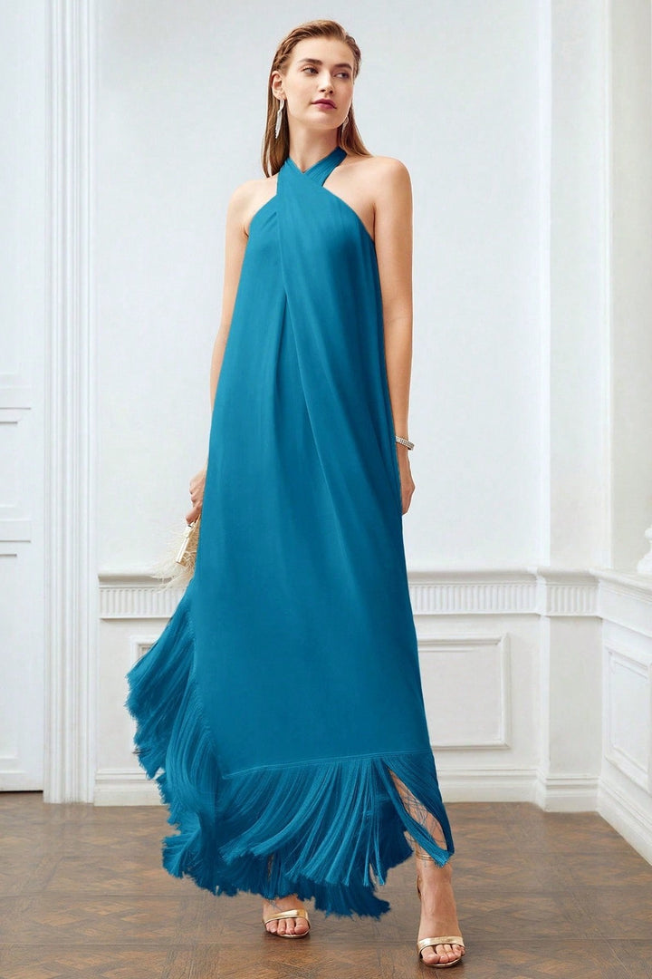 Dolores Çapraz Boyundan Bağlamalı Püsküllü Maxi Elbise