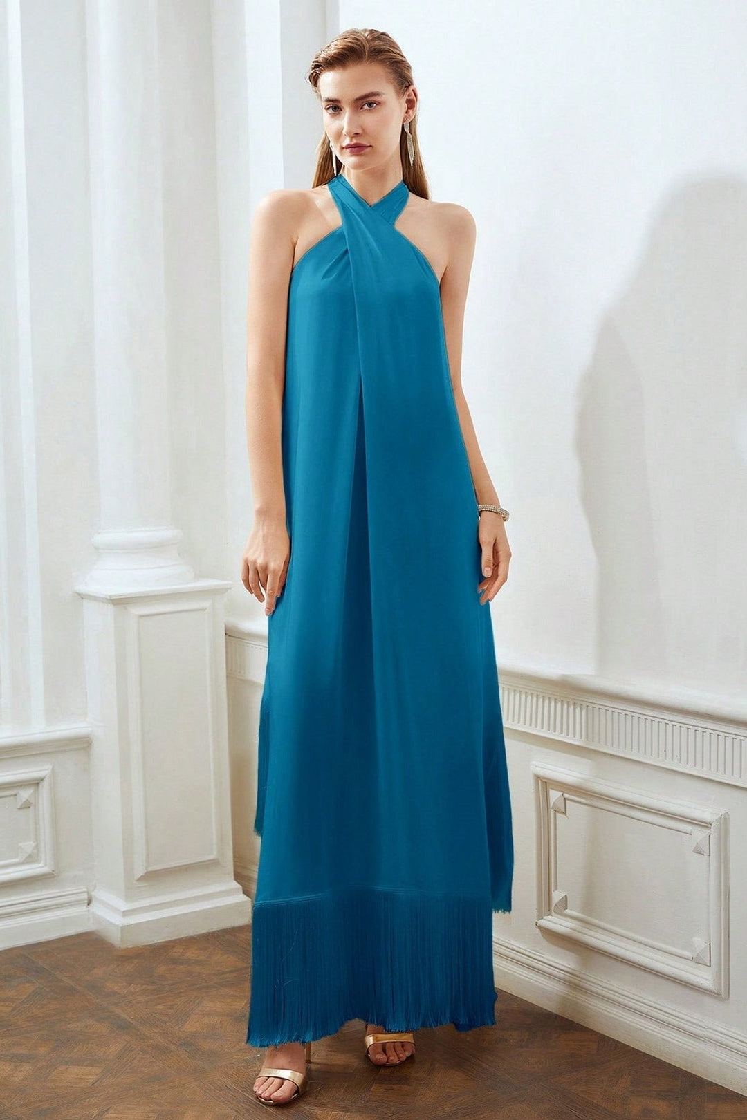 Dolores Çapraz Boyundan Bağlamalı Püsküllü Maxi Elbise