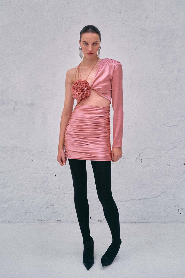 Dolores Çiçek Bağcıklı Büzgülü Mini Elbise